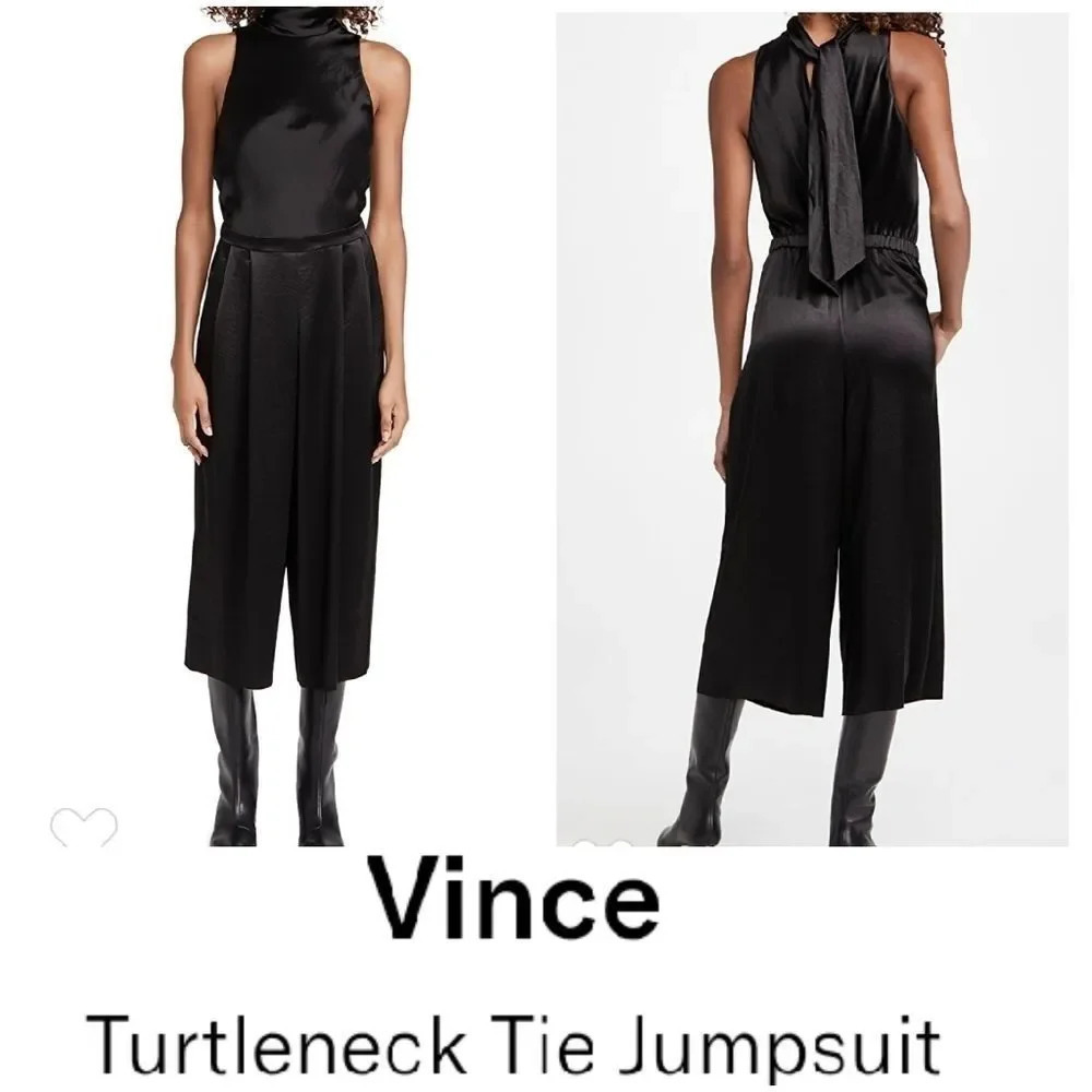 Vince Women Black Turtleneck Sleeveless Tie Jumpsuit Size 10